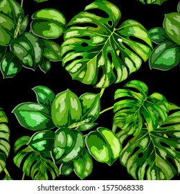 Seamless pattern with tropical leaves on leopard spots. Hand drawn exotic plants. Summer nature jungle print. Can be used for any kind of a surface design. Vector.
