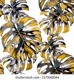 Seamless pattern with tropical leaves on leopard spots. Hand drawn exotic plants. Summer nature jungle print. Can be used for any kind of a surface design. Vector.