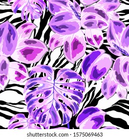 Seamless pattern with tropical leaves on zebra stripes. Hand drawn exotic plants. Summer nature jungle print. Can be used for any kind of a surface design. Vector. 