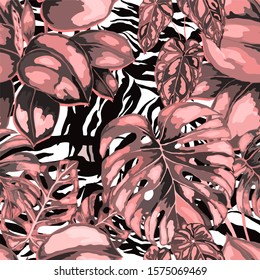 Seamless pattern with tropical leaves on zebra stripes. Hand drawn exotic plants. Summer nature jungle print. Can be used for any kind of a surface design. Vector. 