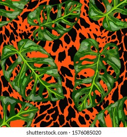 Seamless pattern with tropical leaves on cheetah spots. Hand drawn exotic plants. Summer nature jungle print. Can be used for any kind of a surface design. Vector.
