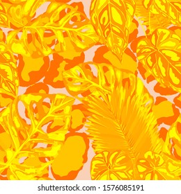 Seamless pattern with tropical leaves on leopard spots. Hand drawn exotic plants. Summer nature jungle print. Can be used for any kind of a surface design. Vector. 
