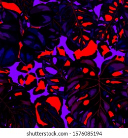 Seamless pattern with tropical leaves on leopard spots. Hand drawn exotic plants. Summer nature jungle print. Can be used for any kind of a surface design. Vector. 