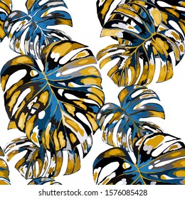 Seamless pattern with tropical leaves on leopard spots. Hand drawn exotic plants. Summer nature jungle print. Can be used for any kind of a surface design. Vector.