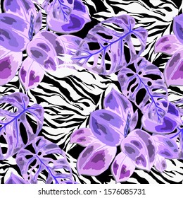 Seamless pattern with tropical leaves on zebra stripes. Hand drawn exotic plants. Summer nature jungle print. Can be used for any kind of a surface design. Vector. 