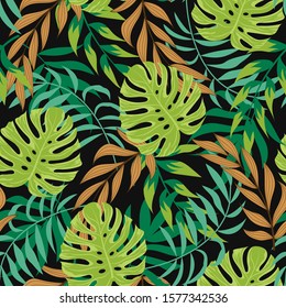 Seamless pattern with tropical leaves on dark background. Trendy summer Hawaii print. Floral pattern. Vector background for various surface. Jungle leaves. Hand draw texture.