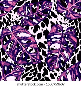 Seamless pattern with tropical leaves on cheetah spots. Hand drawn exotic plants. Summer nature jungle print. Can be used for any kind of a surface design. Vector. 