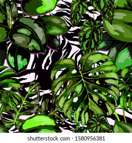 Seamless pattern with tropical leaves on zebra stripes. Hand drawn exotic plants. Summer nature jungle print. Can be used for any kind of a surface design. Vector. 