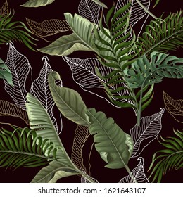 Seamless pattern with  tropical leaves on black background. Vector.