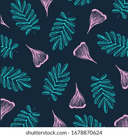 Patrón sin inconvenientes con hojas tropicales sobre un fondo oscuro. Diseño de vectores. Impresión exótica. Textiles e impresión