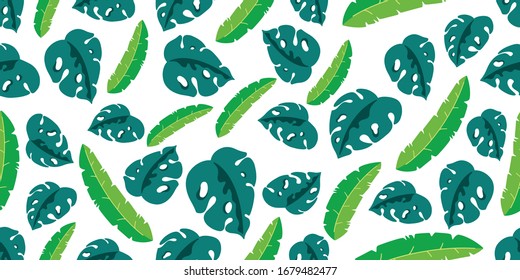 Patrón transparente con hojas tropicales sobre fondo blanco, ilustración vectorial