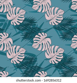 Nahtloses Muster mit tropischen Blättern auf blauem Hintergrund. Trendy botanische Tapete. Design für Stoff, Stoffdruck, Wickelpapier, Mode, Interieur, Cover. Vektorillustration