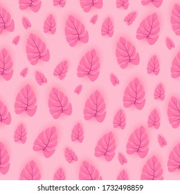 Seamless pattern with Tropical leaves on pink background, flat lay, Summer Styled. minimal concept.