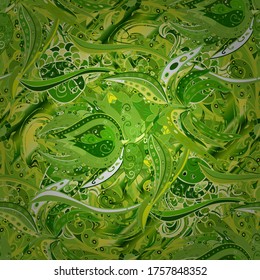 Seamless pattern with tropical leaves on abstract watercolor stains.Colorful leaves on green, yellow and beige background.Vector illustration.