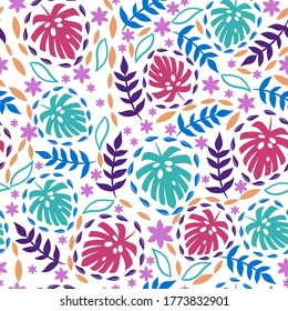 Seamless pattern with tropical leaves on a white background. Vector graphics.