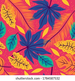 Seamless pattern with tropical leaves on a pink background. Vector graphics.