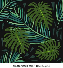 Seamless pattern with tropical leaves on a dark background. Palm trees and monstera. Hand-drawn watercolor background.