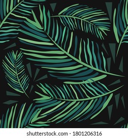 Seamless pattern with tropical leaves on a dark background. Palm trees and monstera. Hand-drawn watercolor background.