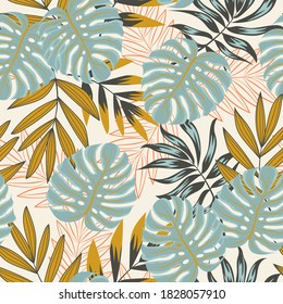 Patrón sin foco con hojas tropicales sobre fondo beige. Floral sin costura vectorial de fondo tropical con hojas exóticas, hoja de selva. Impresión Hawaii de verano de moda.