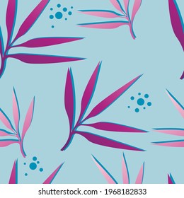 Seamless pattern with tropical leaves on a blue background. Leaves in a pink-purple gradient. Water drops around the leaves.