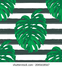 Seamless Pattern with Tropical Leaves on Striped Black and White Background. Repeated Tropica Vector Illustration. Africa, Savannh, Exotic, Summer, Monstera. Tropical Forest Concept