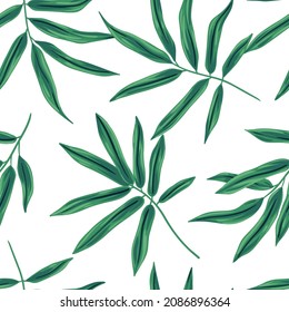 Seamless pattern with tropical leaves on a white background. Abstract composition of falling bamboo leaves. Modern vector botanical print design. Vector illustration.