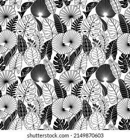 Patrón sin foco con hojas tropicales sobre fondo blanco. Diseño de plantilla para textiles, interiores, ropa, papel pintado. Ilustración vectorial con plantas de selva.