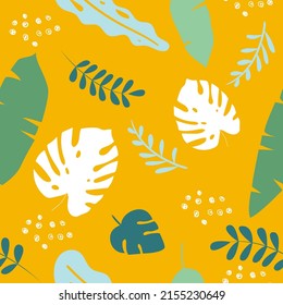 Patrón sin foco con hojas tropicales sobre un fondo naranja. Papeles de moda, textiles. Dibujado a mano por el vector.