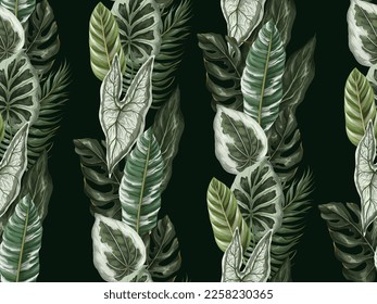 Seamless pattern with tropical leaves on the black background. Vector