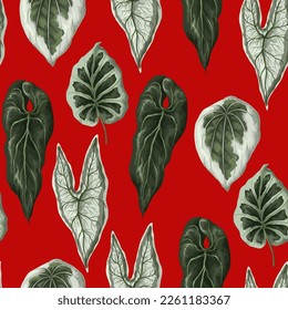 Seamless pattern with tropical leaves on the red background. Vector