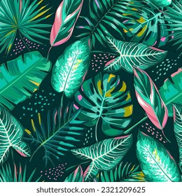 Seamless pattern with tropical leaves on a dark emerald background. Colorful leaves of palm, monstera, alocasia, philodendron, calathea, dieffenbachia, banana. Cartoon. Summer tropical pattern. Vector