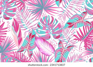 Seamless pattern with tropical leaves on white background. Colorful leaves of palm, monstera, alocasia, philodendron, calathea. Pink and light blue colors.  Summer tropical pattern. Vector.