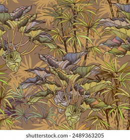 Seamless pattern with tropical leaves on brown background. Exotic botanical background. Hand drawn vector illustration.