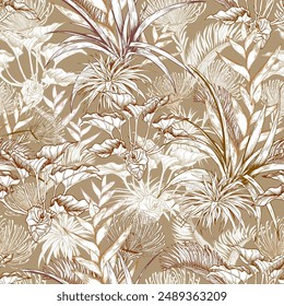 Seamless pattern with tropical leaves on beige background. Hawaiian style botanical background. Hand drawn vector illustration.