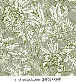 Seamless pattern with tropical leaves on green background. Exotic botanical background. Hand drawn vector illustration.