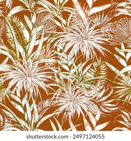 Seamless pattern with tropical leaves on terracotta background. Hawaiian style botanical background. Hand drawn vector illustration.