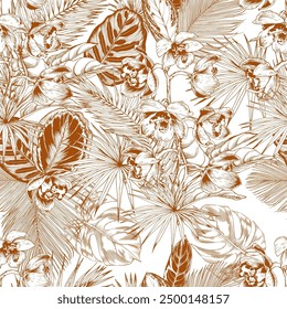 Patrón sin fisuras con hojas tropicales sobre fondo blanco. Ilustración botánica de estilo hawaiano. Vector de línea de terracota dibujado a mano.