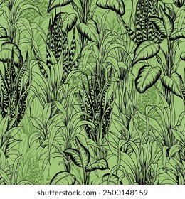 Seamless pattern with tropical leaves on green background. Exotic botanical background. Hand drawn vector illustration.