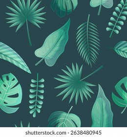 Seamless pattern with tropical leaves on a dark background. Palm leaves, bananas, monstera, tamarind, calathea. Vector illustrations for the design of postcards, clothing, textiles, banners, posters