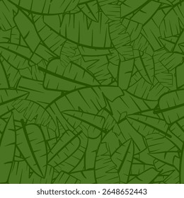 Seamless pattern with tropical leaves on a green background.