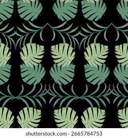 Patrón sin fisuras con hojas tropicales sobre un fondo negro. Ilustración vectorial.