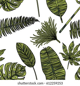 Seamless pattern with tropical leaves on white background. Vector illustration.