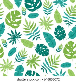 Seamless pattern with tropical leaves on white background