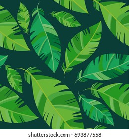 Seamless pattern with tropical leaves on dark background