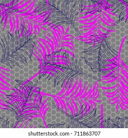 Seamless pattern with tropical leaves on grey background