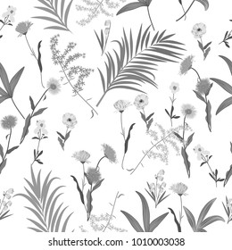 Seamless pattern of tropical leaves of palm tree and flowers. Vector background.