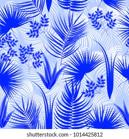 Seamless pattern of tropical leaves of palm tree. Vector background.
