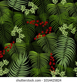 Seamless pattern of tropical leaves of palm tree. Vector background.