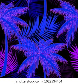 Seamless pattern of tropical leaves of palm tree. Neon color. Vector background.