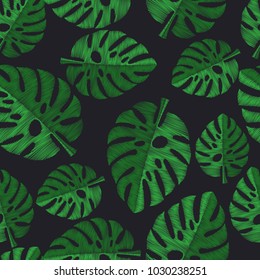 Seamless Pattern of Tropical Leaves. Palm Leaves with embroidery style. extile Background
